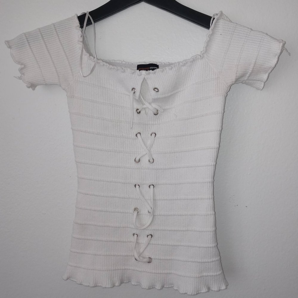 Cute White Fitted Lace Up Top